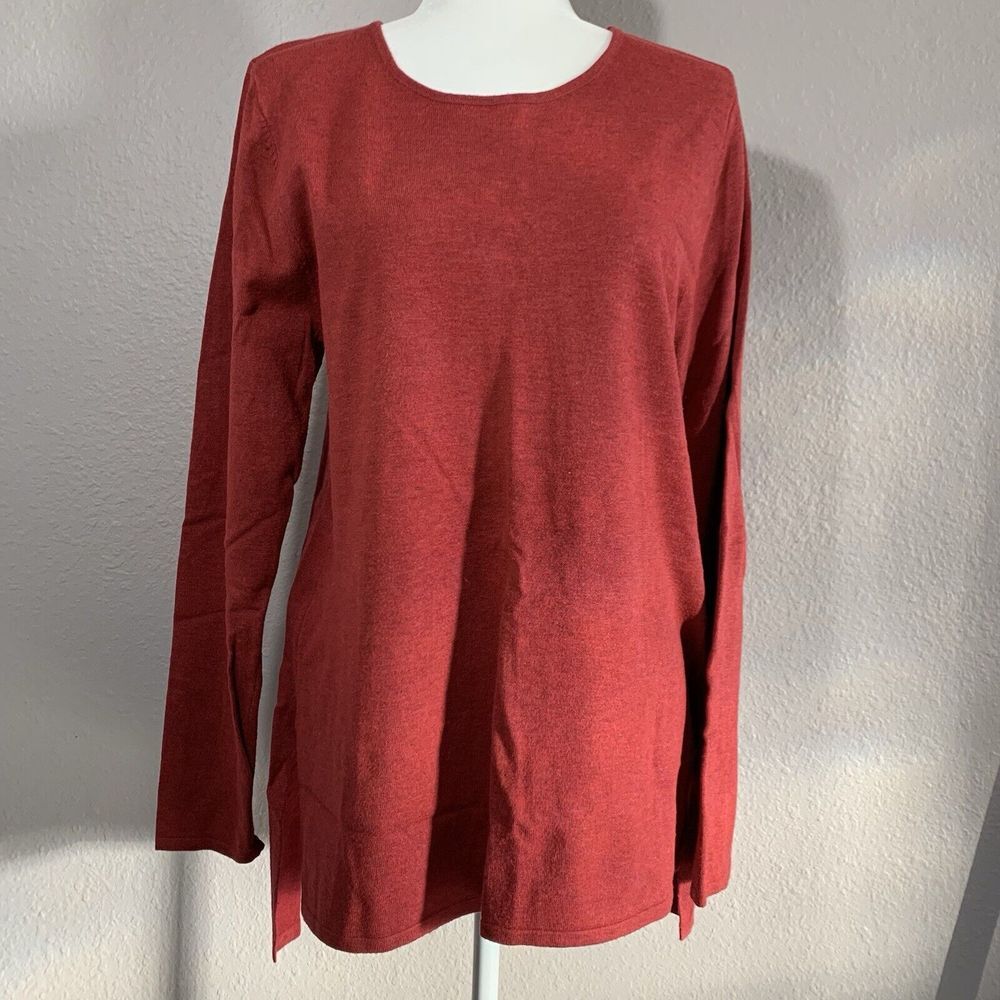 Chelsea & Theodore Women's XL Sweater Maroon Red Long Sl Tunic Stretch Side Slit